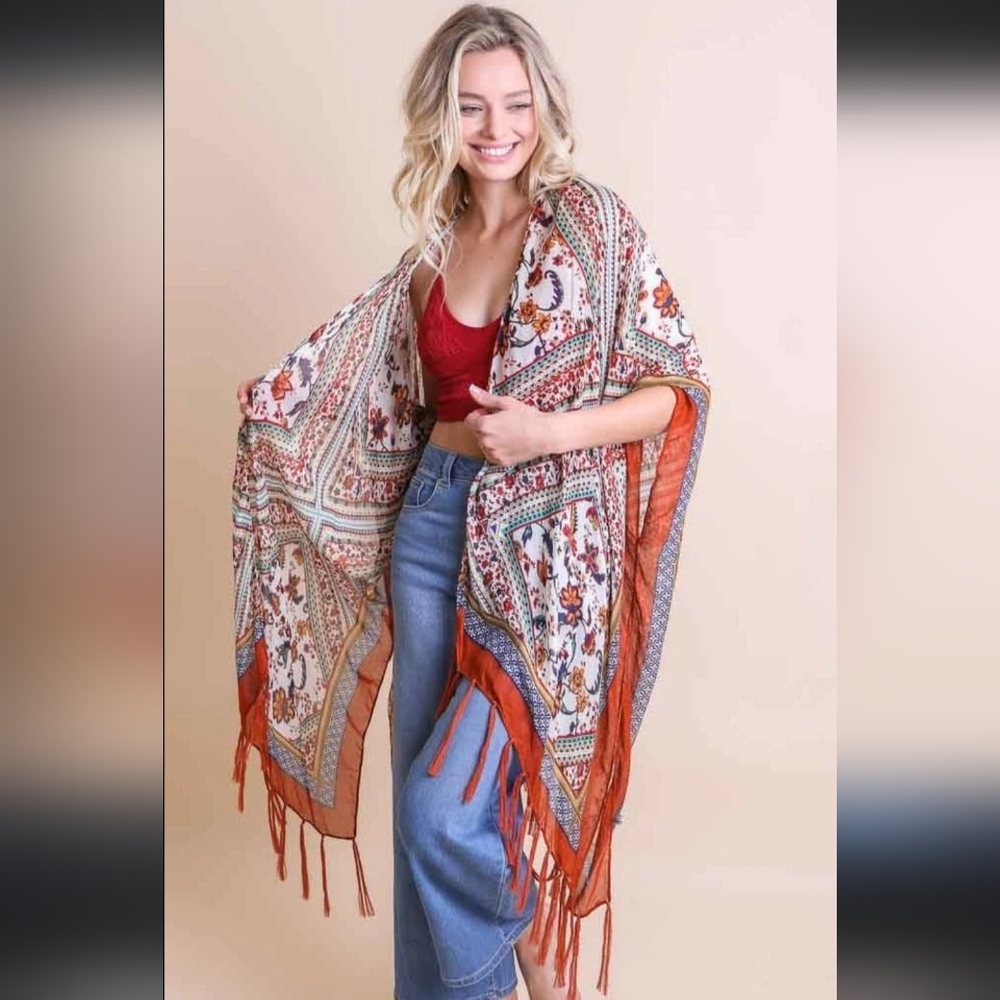 Leto Bohemian Diamond Print Tassel Kimono Cardigan Wrap - OS